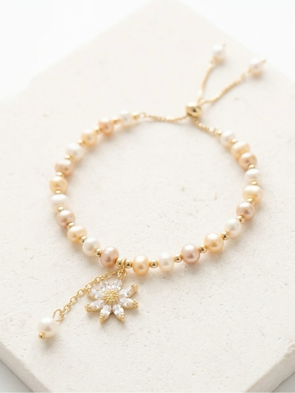Freshwater Pearl Daisy Flower CZ Charm Adjustable Slider Bracelet Pink and Gold